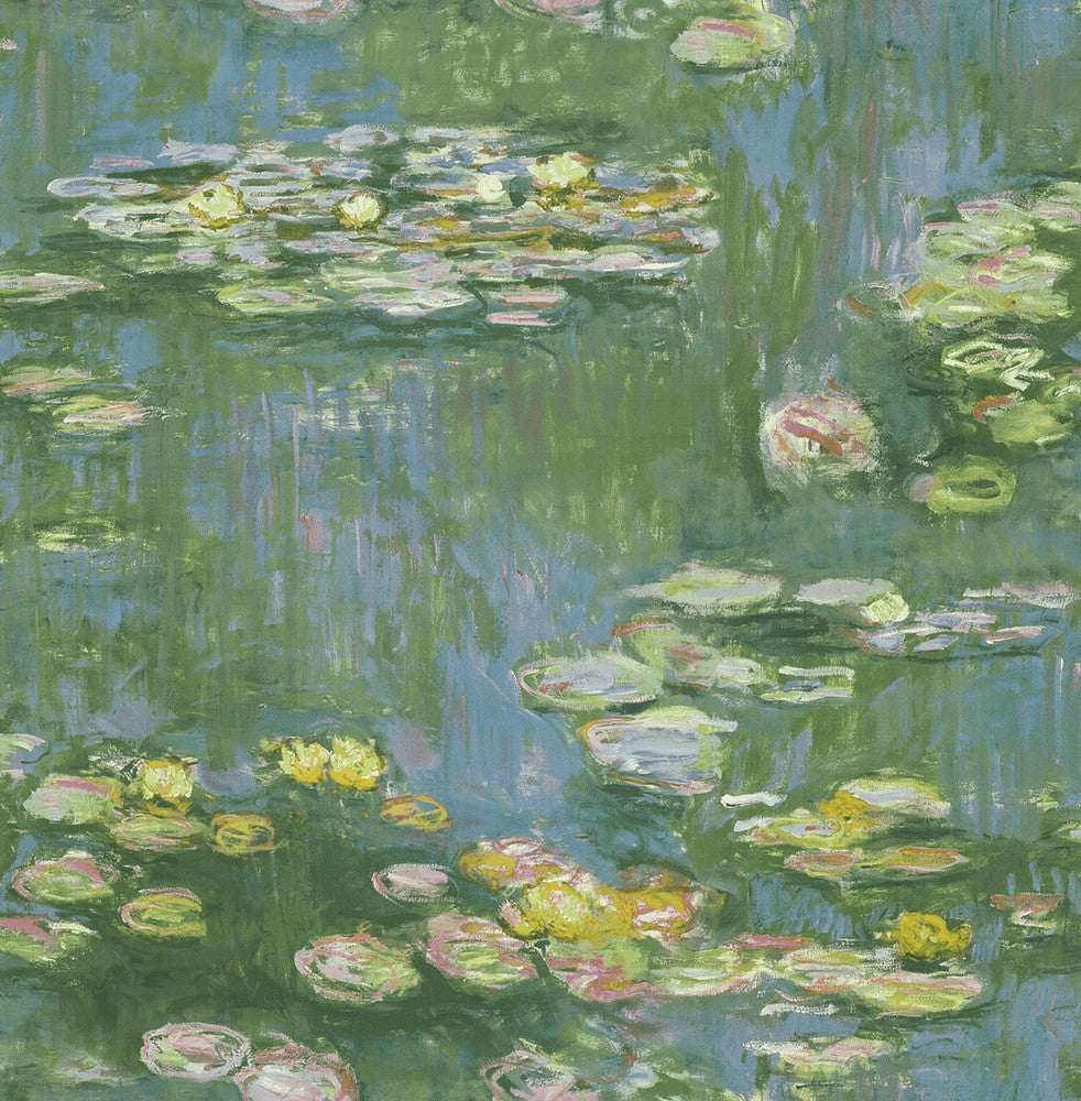 Lily Pads Greenery, Denim, and Pink FI71502 by Seabrook Designs Designer Wallpaper
