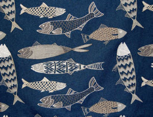 Fish Navy Grey by Norbar Designer Fabric SOLEIL 100% SOLUTION DYED POLYESTER CHINA 11 1/2"V 18"H 54 - Swanky Fabrics -