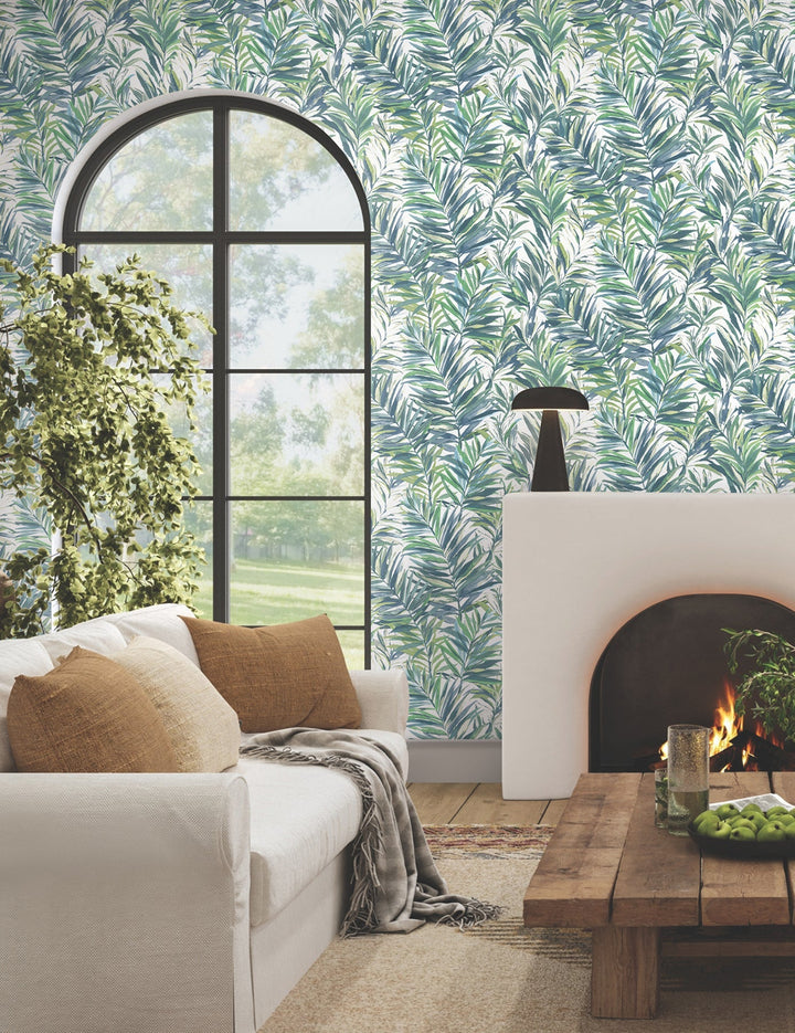 Swaying Palms Green & Blue Wallpaper by York Wallcoverings Designer