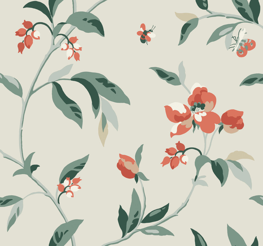 Springtime Beige & Orange Wallpaper by York Wallcoverings Designer Greenhouse Covers about 60.8 square feet 27-in by 27-ft long roll Prepasted 25.25 - Swanky Fabrics -