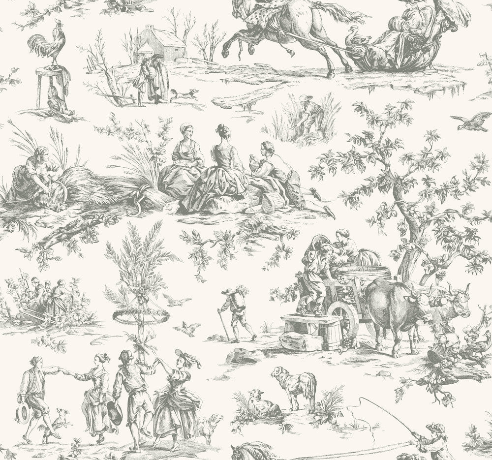 Seasons Toile Grey Wallpaper by York Wallcoverings Designer Grandmillennial Covers about 60.8 square feet 27-in by 27-ft long roll Prepasted 25.25 - Swanky Fabrics -