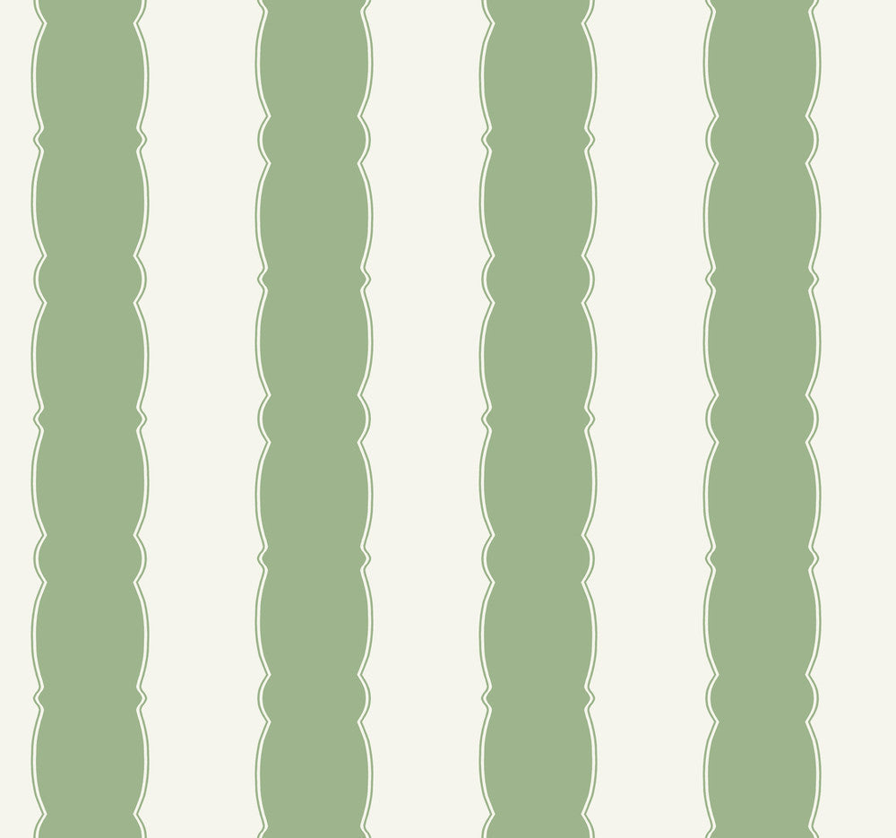 Scalloped Stripe Green Wallpaper by York Wallcoverings Designer Grandmillennial Covers about 60.8 square feet 27-in by 27-ft long roll Prepasted 25.25 - Swanky Fabrics -
