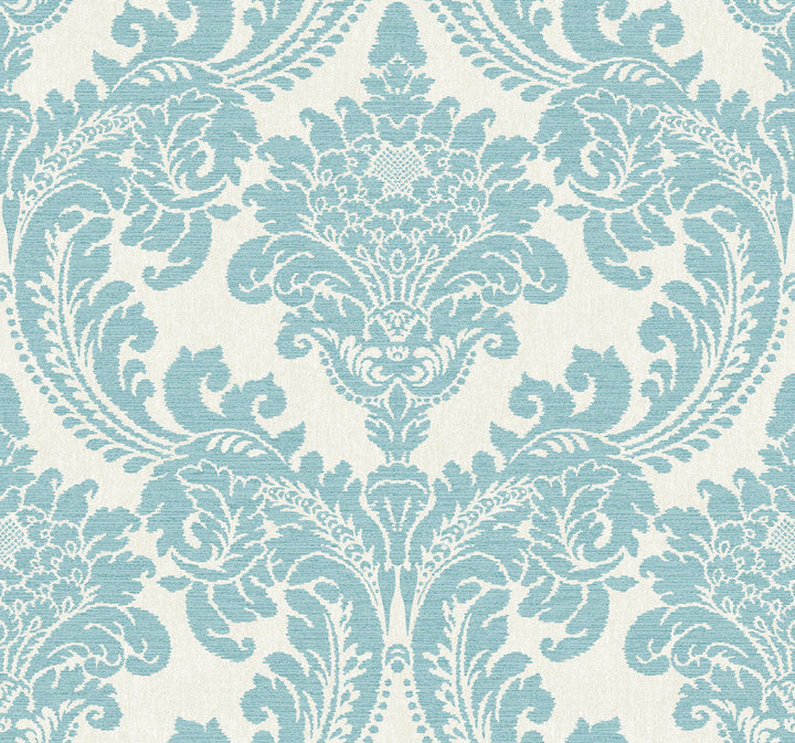 Tapestry Damask Teal Wallpaper by York Wallcoverings Designer Grandmillennial Covers about 60.8 square feet 27-in by 27-ft long roll Prepasted 25.25 - Swanky Fabrics -
