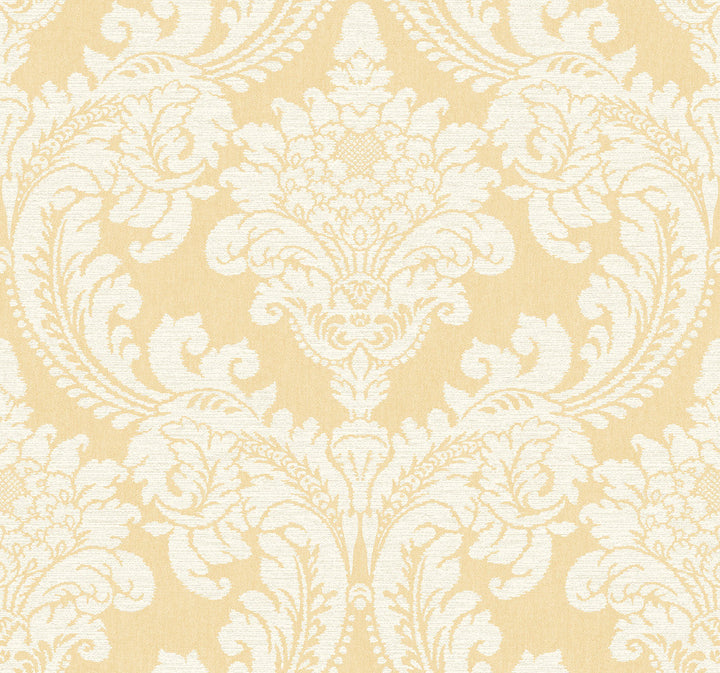 Tapestry Damask Yellow Wallpaper by York Wallcoverings Designer Grandmillennial Covers about 60.8 square feet 27-in by 27-ft long roll Prepasted 25.25 - Swanky Fabrics -