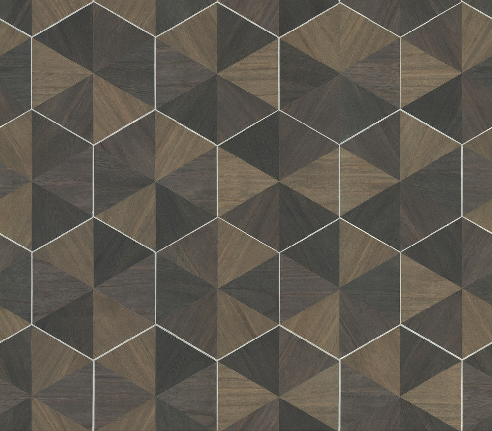 Hexagram Wood Veneer Smoke Wallpaper by Ronald Redding Designer Grasscloth & Natural Resource Covers about 72 square feet 36-in by 24-ft long roll Unpasted 12 - Swanky Fabrics -