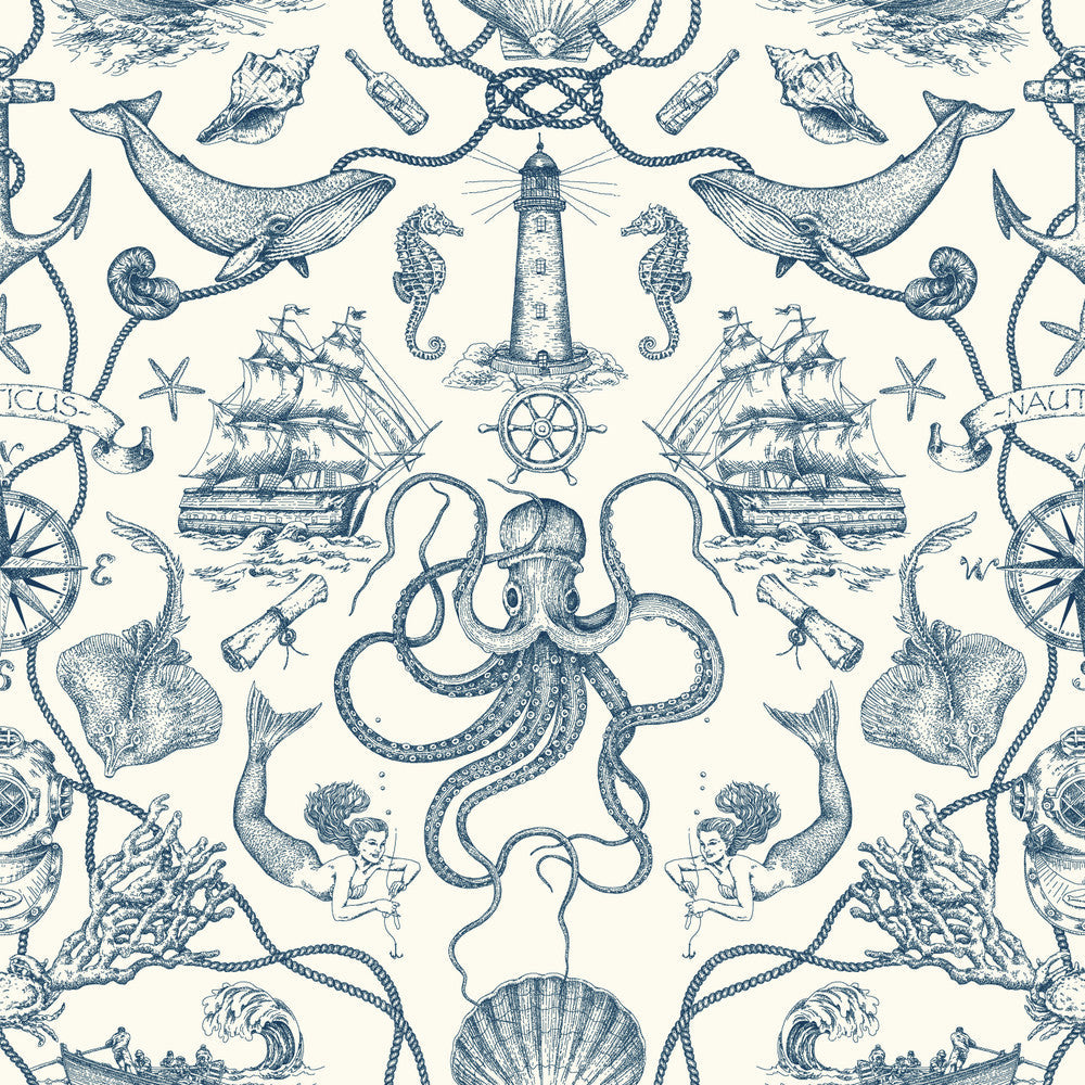 Deep Sea Toile Blue Wallpaper by York Wallcoverings Designer Tailored Covers about 56.4 square feet 20.5-in by 33-ft long roll Prepasted 20.5 - Swanky Fabrics -