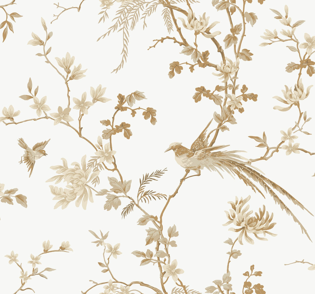 Bird & Blossom Chinoserie White & Gold Wallpaper by Ronald Redding Designer
