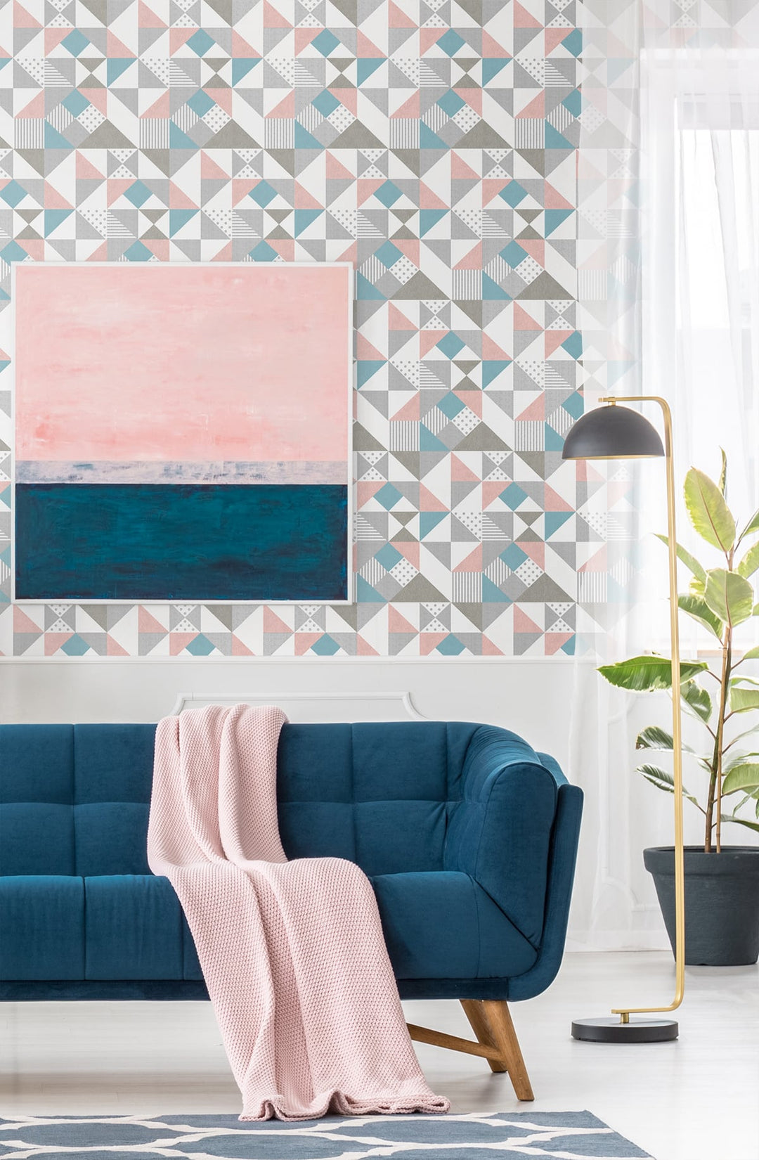 Lozenge Geometric Metallic Silver & Perry Teal KTM1270 by Seabrook Designs Designer Wallpaper