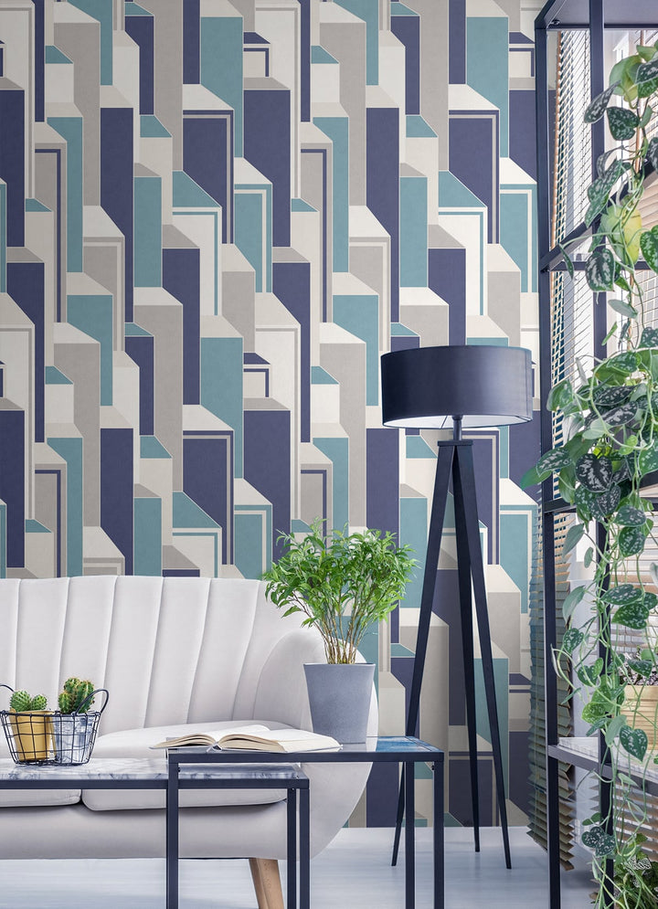 Deco Geometric Perry Teal & Indigo KTM1330 by Seabrook Designs Designer Wallpaper