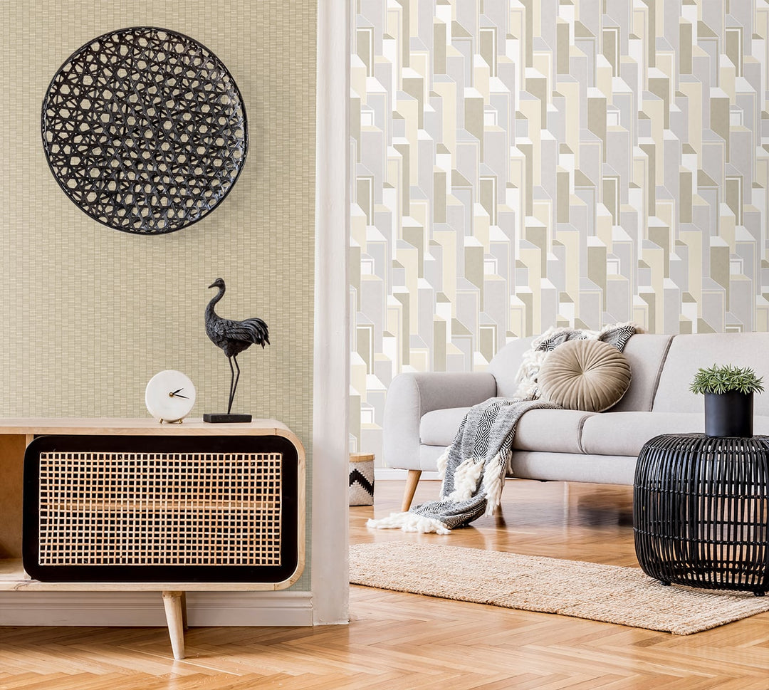 Deco Geometric French Vanilla & Pavestone KTM1340 by Seabrook Designs Designer Wallpaper