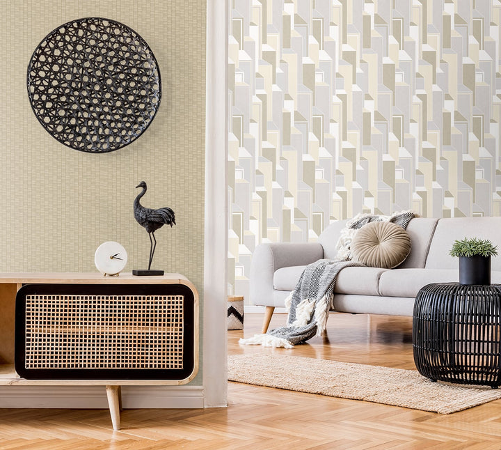 Deco Geometric French Vanilla & Pavestone KTM1340 by Seabrook Designs Designer Wallpaper