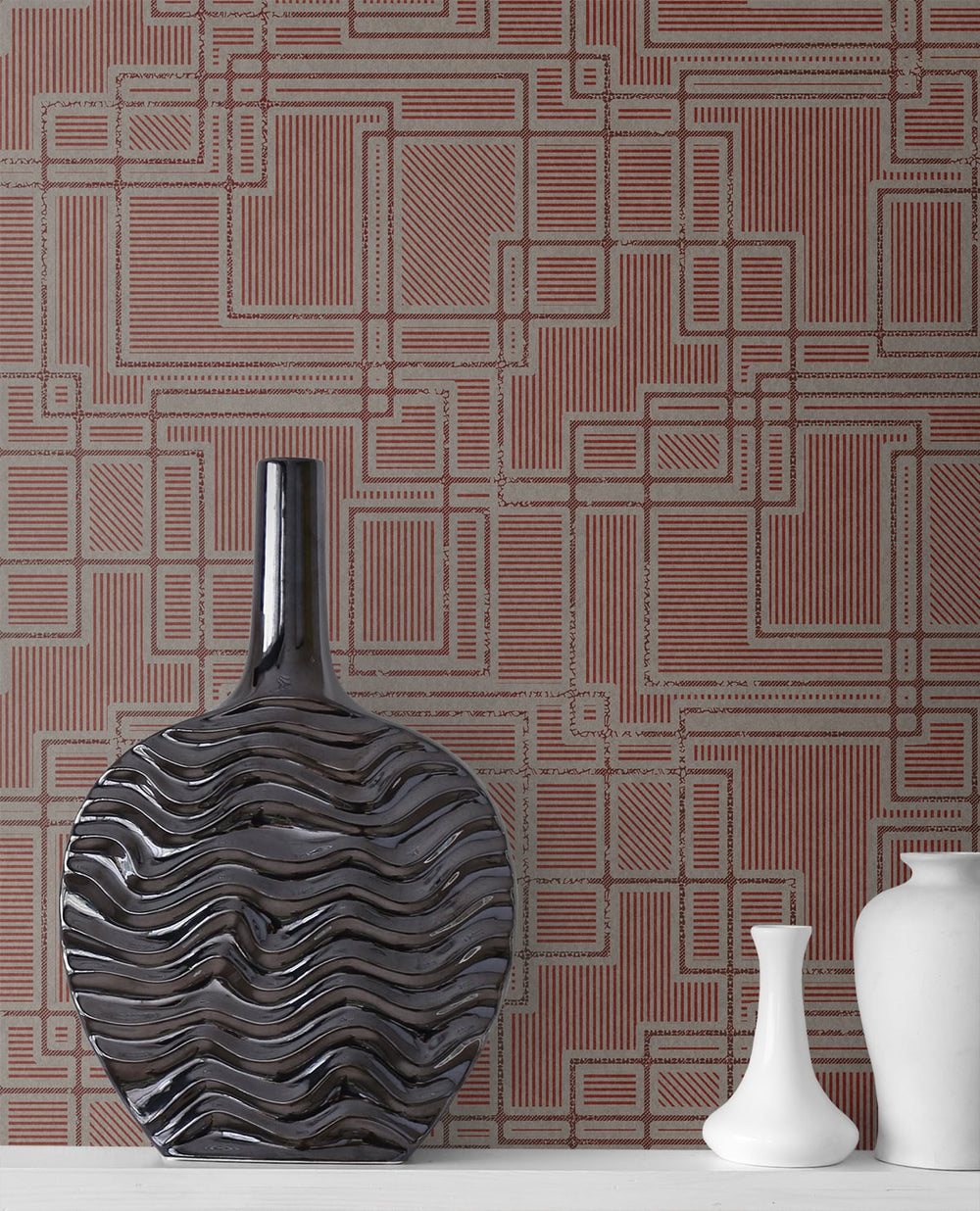 Bauhaus Cityscape Burgundy & Graphite KTM1718 by Seabrook Designs Designer Wallpaper