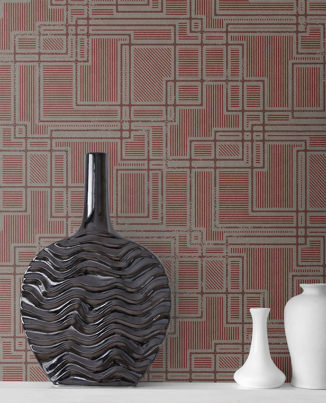 Bauhaus Cityscape Burgundy & Graphite KTM1718 by Seabrook Designs Designer Wallpaper