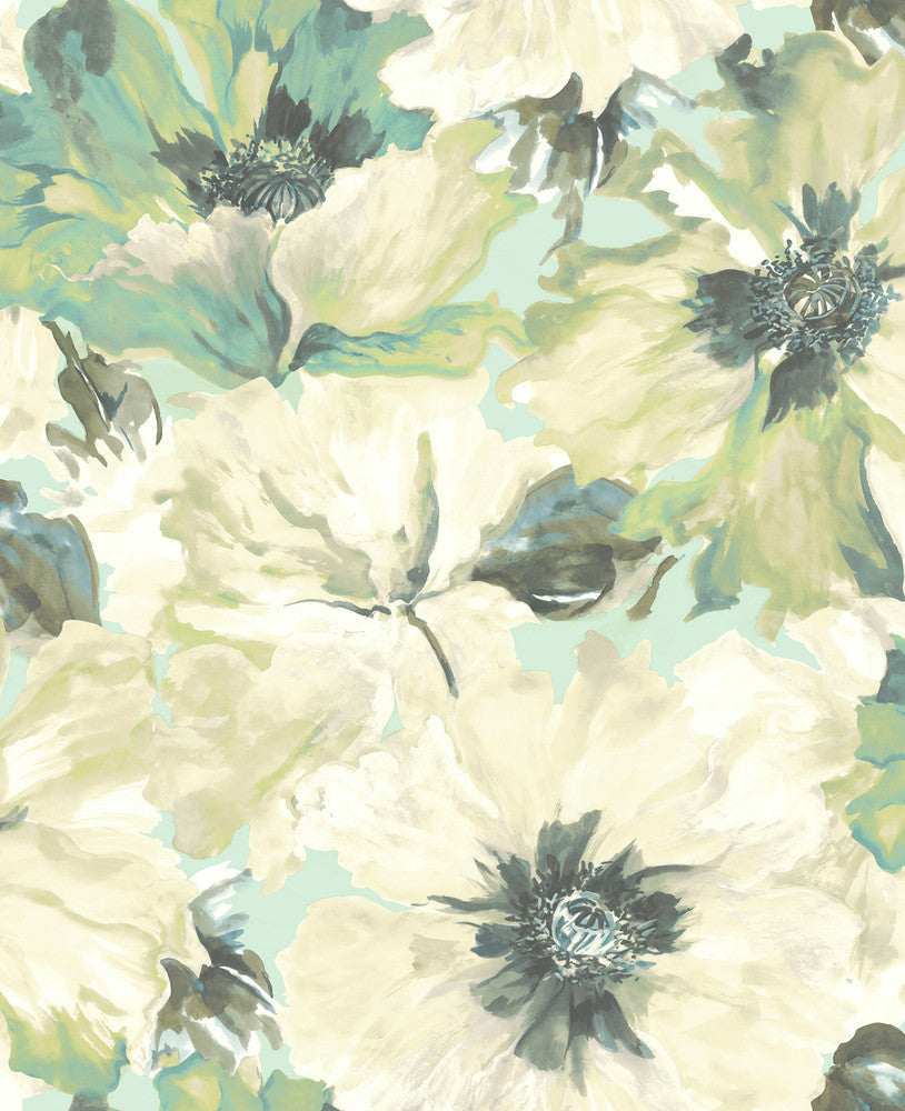 Cecita Teal, Off-White, and Green LG90004 by Seabrook Designs Designer Wallpaper