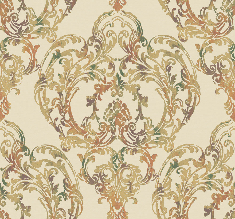 Roxen Damask Amber, Gold, and Pine LG90701 by Seabrook Designs Designer Wallpaper