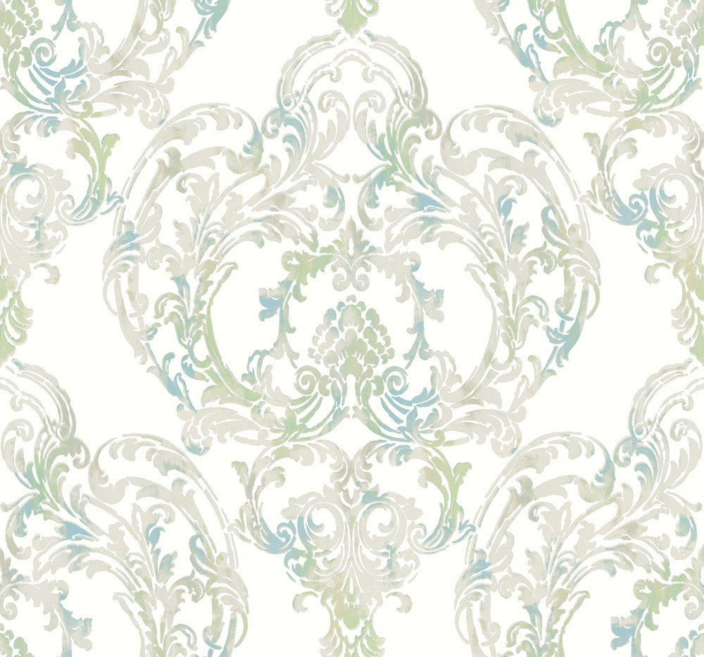 Roxen Damask Turquoise, Off-White, and Mint LG90702 by Seabrook Designs Designer Wallpaper