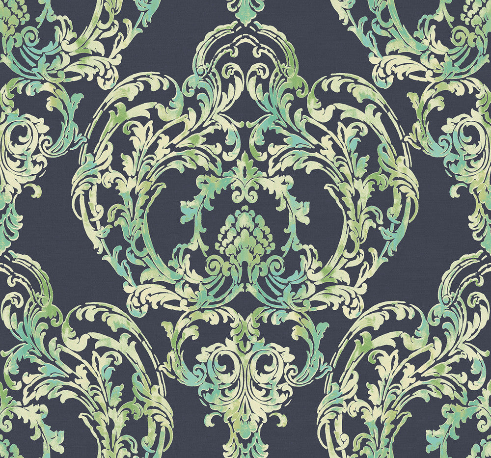 Roxen Damask Navy, Off-White, and Mint LG90712 by Seabrook Designs Designer Wallpaper