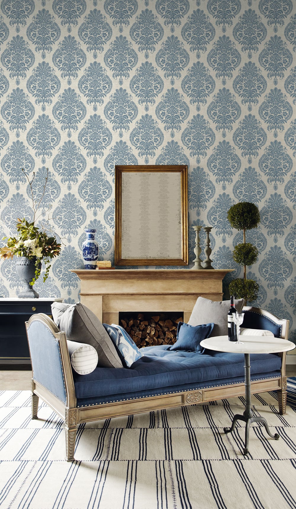 Antigua Damask Air Force Blue and Alabaster LN10402 by Lillian August Designer Wallpaper