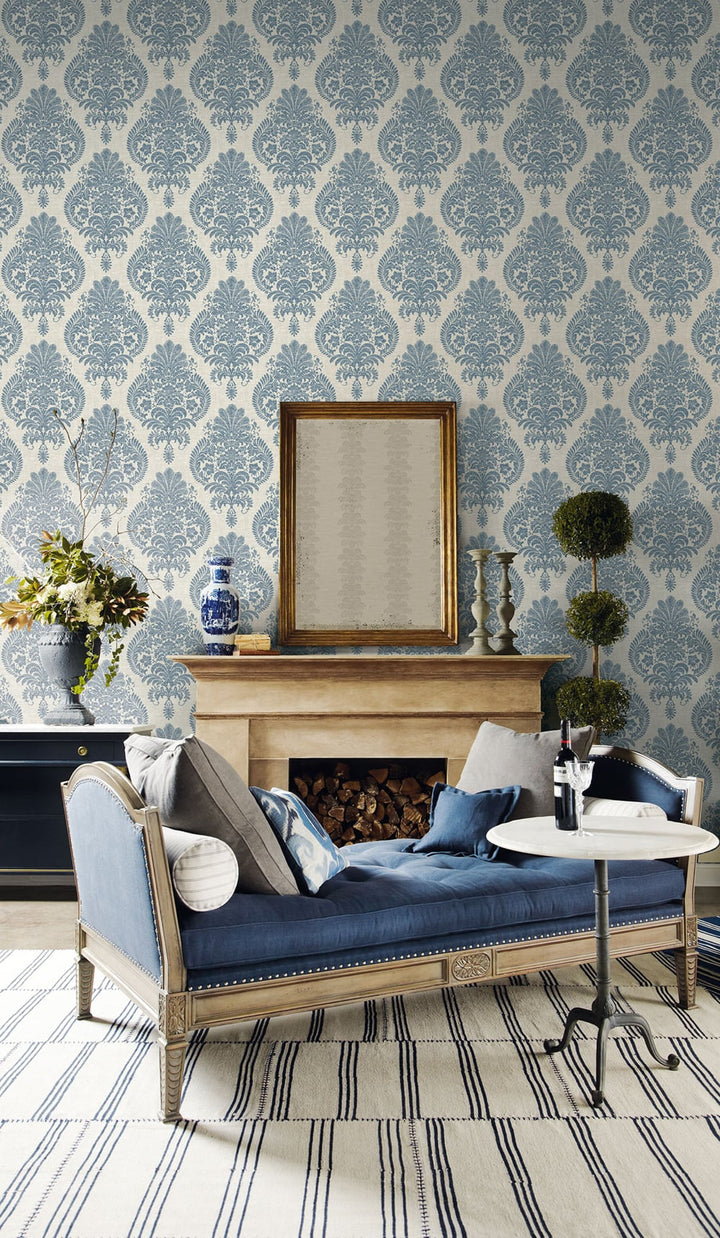 Antigua Damask Air Force Blue and Alabaster LN10402 by Lillian August Designer Wallpaper