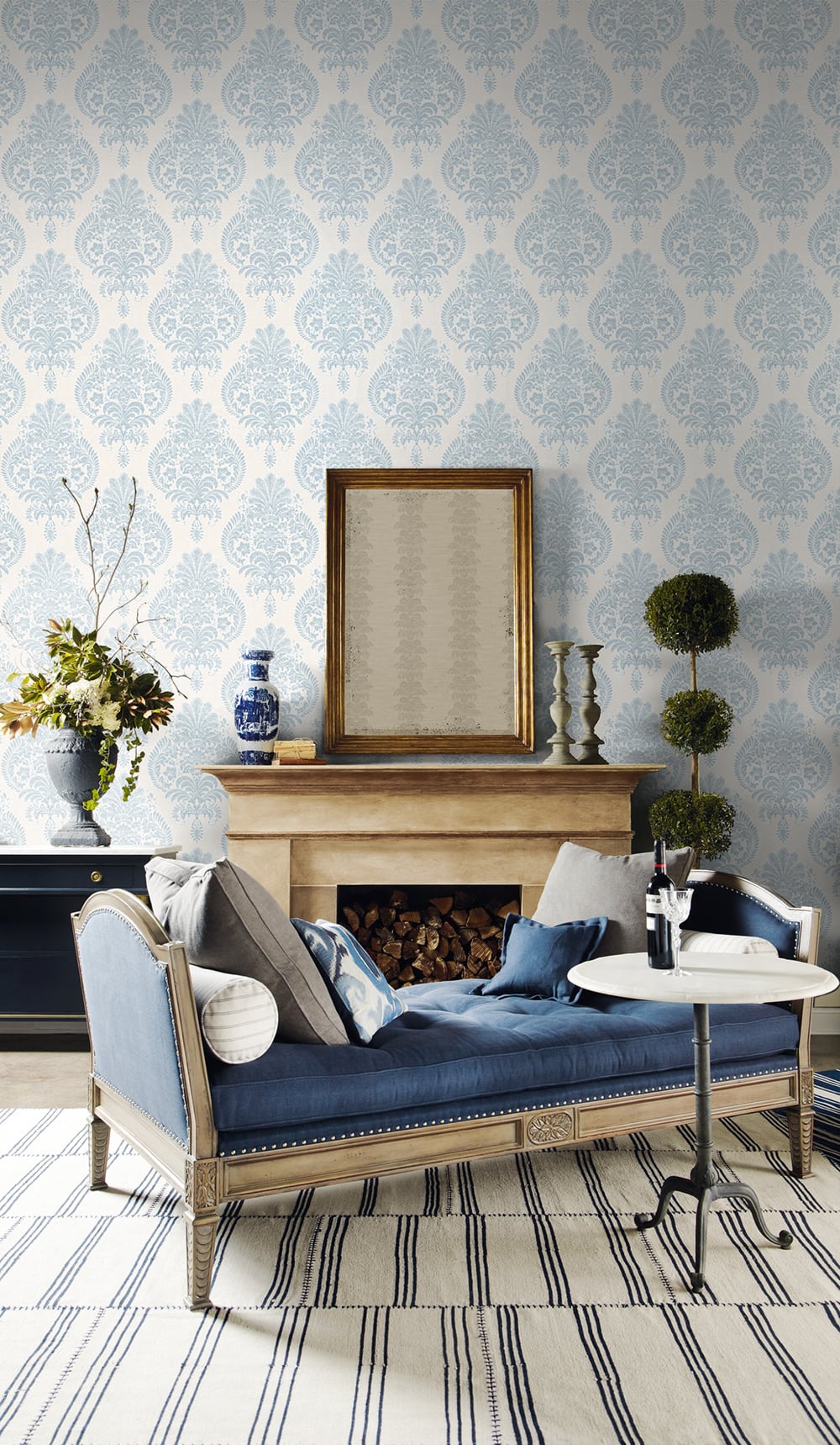 Antigua Damask Blue Frost and Bone White LN10412 by Lillian August Designer Wallpaper