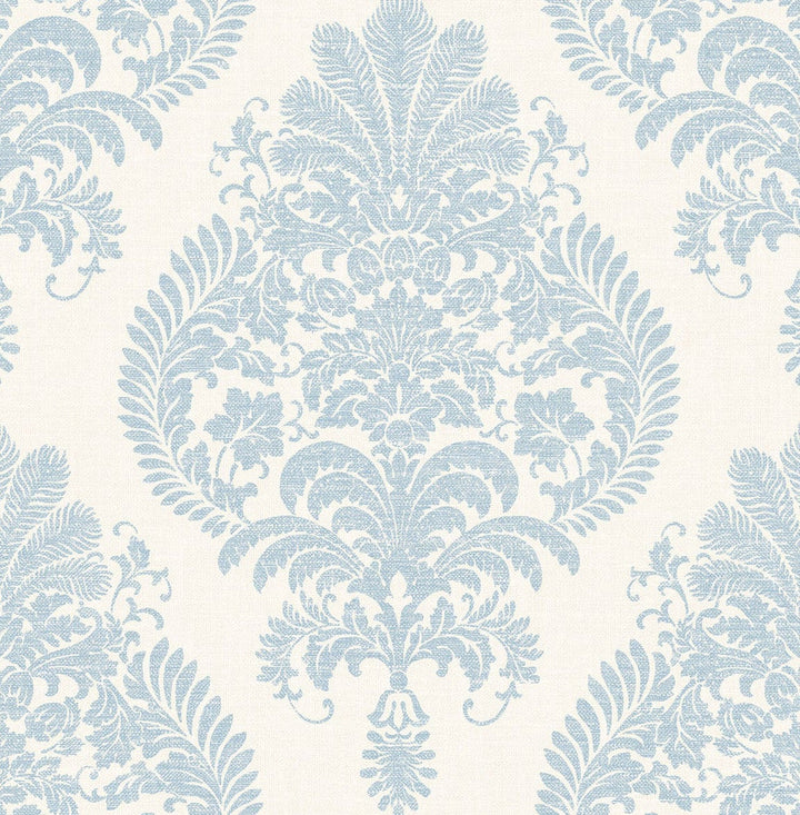 Antigua Damask Blue Frost and Bone White LN10412 by Lillian August Designer Wallpaper