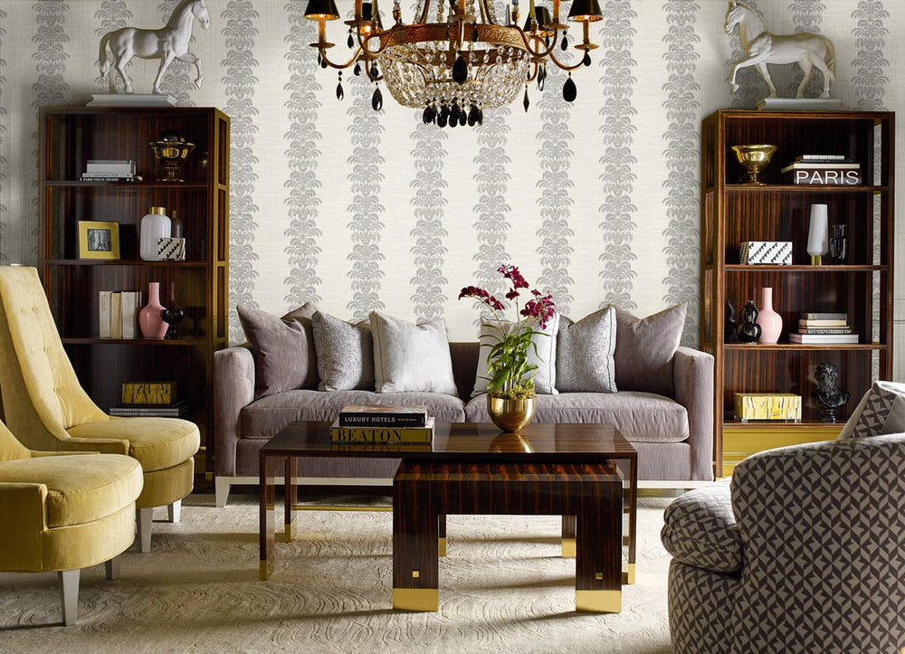 Palm Frond Stripe Stringcloth Charcoal and Ivory LN10500 by Lillian August Designer Wallpaper