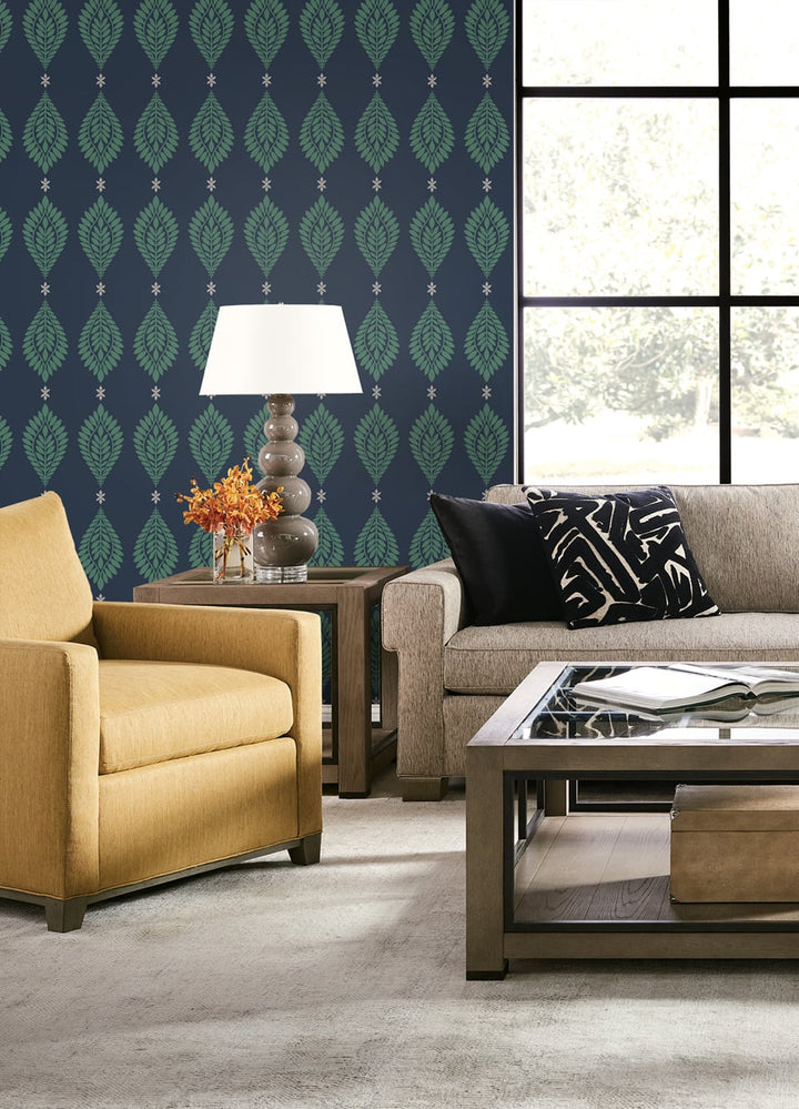 Mirasol Palm Frond Midnight Blue and Spearmint LN10612 by Lillian August Designer Wallpaper