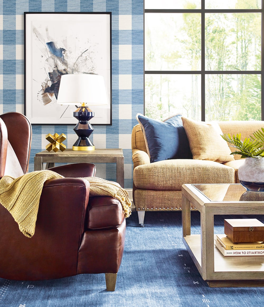Rugby Gingham Coastal Blue and Ivory LN10802 by Lillian August Designer Wallpaper