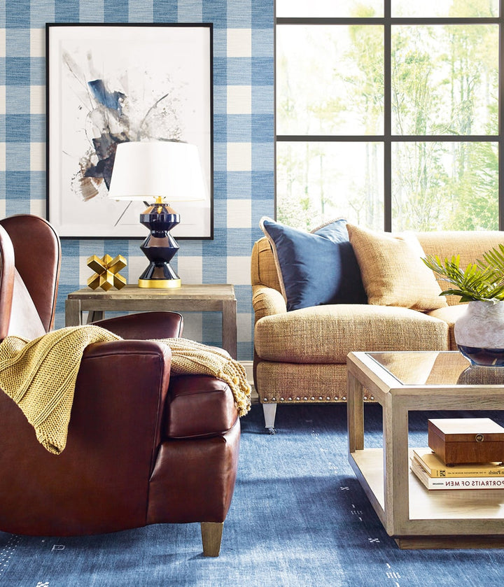 Rugby Gingham Coastal Blue and Ivory LN10802 by Lillian August Designer Wallpaper