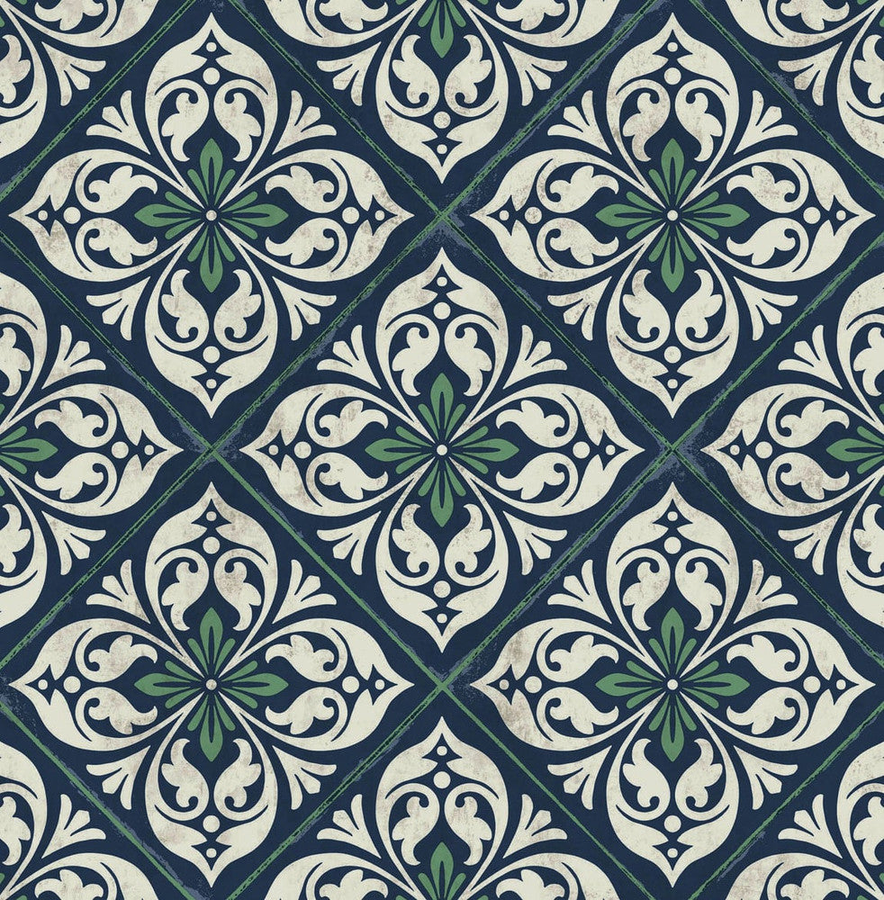 Plumosa Tile Midnight Blue and Spearmint LN11012 by Lillian August Designer Wallpaper