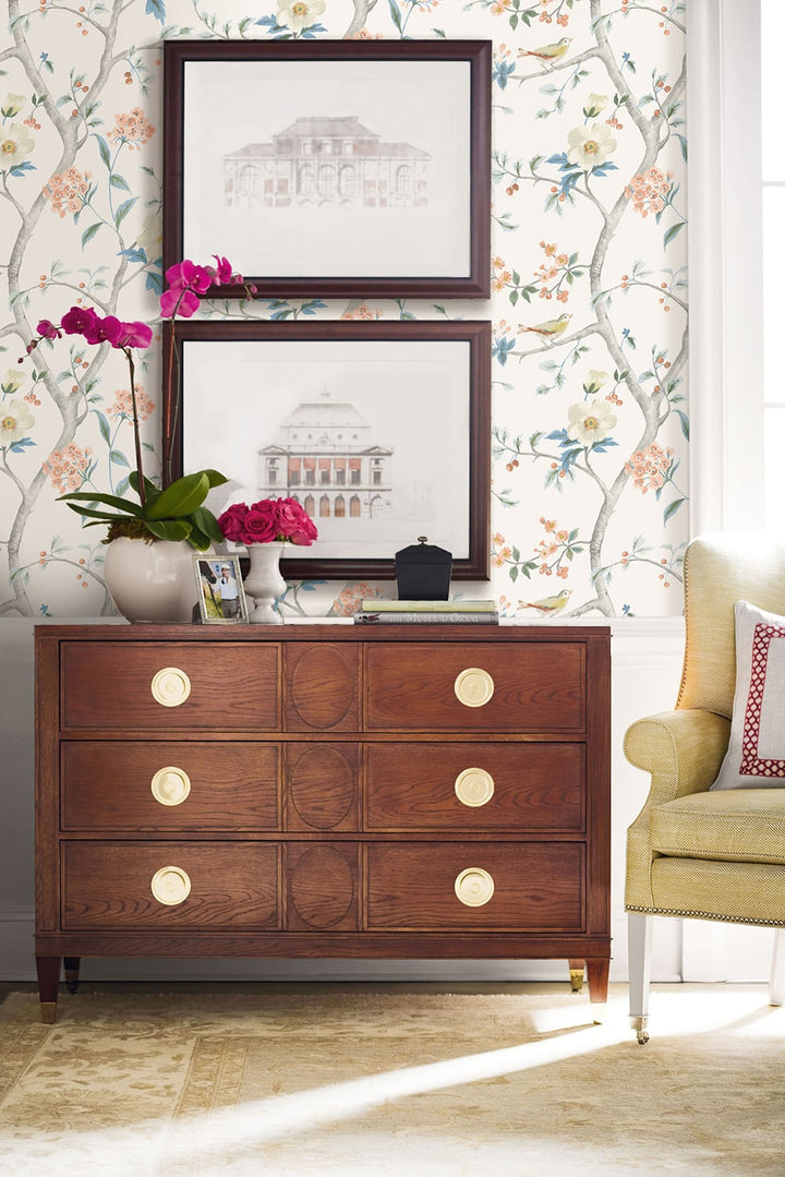 Southport Floral Trail Eggshell, Melon, and Carolina Blue LN11101 by Lillian August Designer Wallpaper