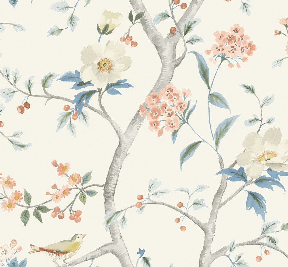 Southport Floral Trail Eggshell, Melon, and Carolina Blue LN11101 by Lillian August Designer Wallpaper
