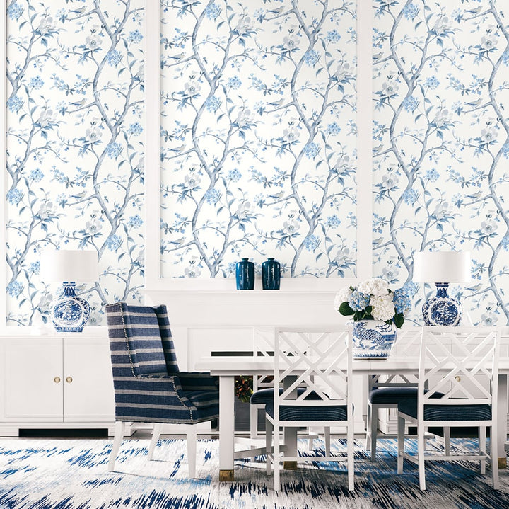 Southport Floral Trail Eggshell and Blue Shale LN11102 by Lillian August Designer Wallpaper