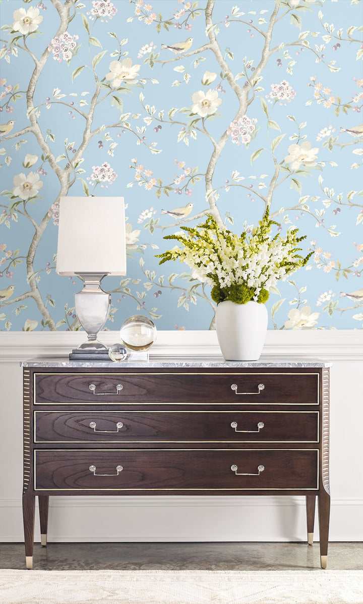 Southport Floral Trail Sky Blue and Arrowroot LN11112 by Lillian August Designer Wallpaper
