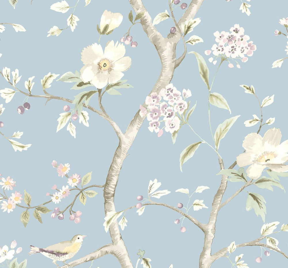 Southport Floral Trail Sky Blue and Arrowroot LN11112 by Lillian August Designer Wallpaper