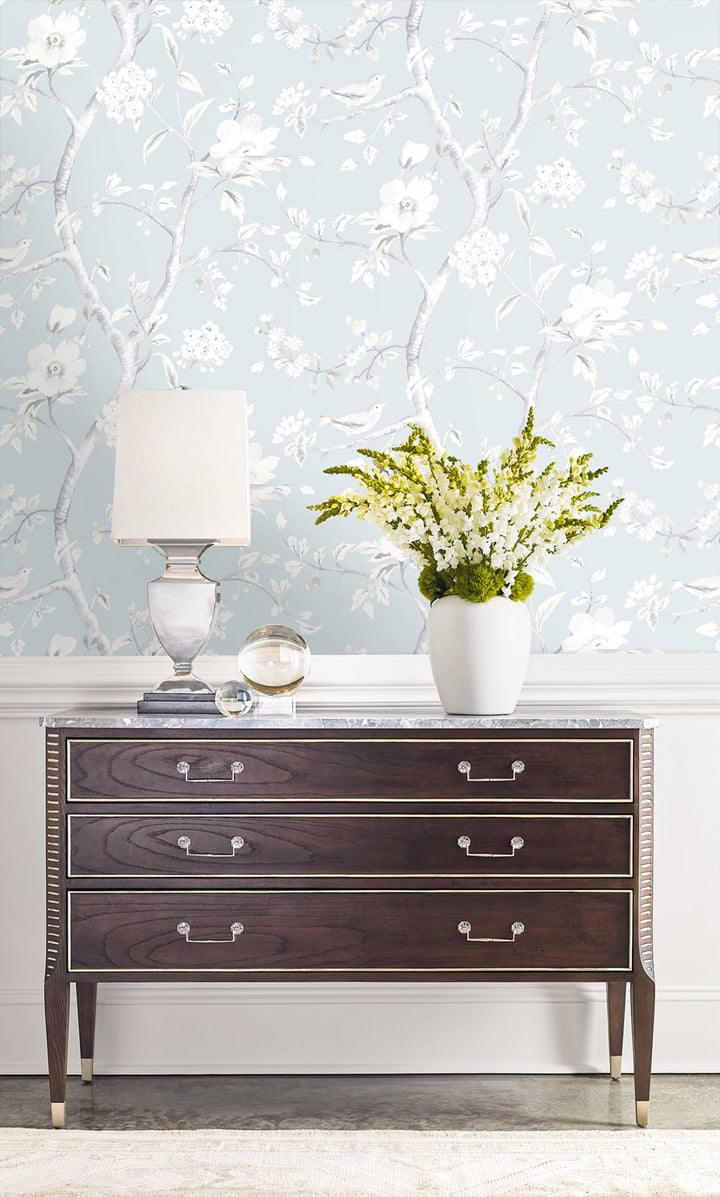 Southport Floral Trail Blue Frost and Cove Gray LN11122 by Lillian August Designer Wallpaper