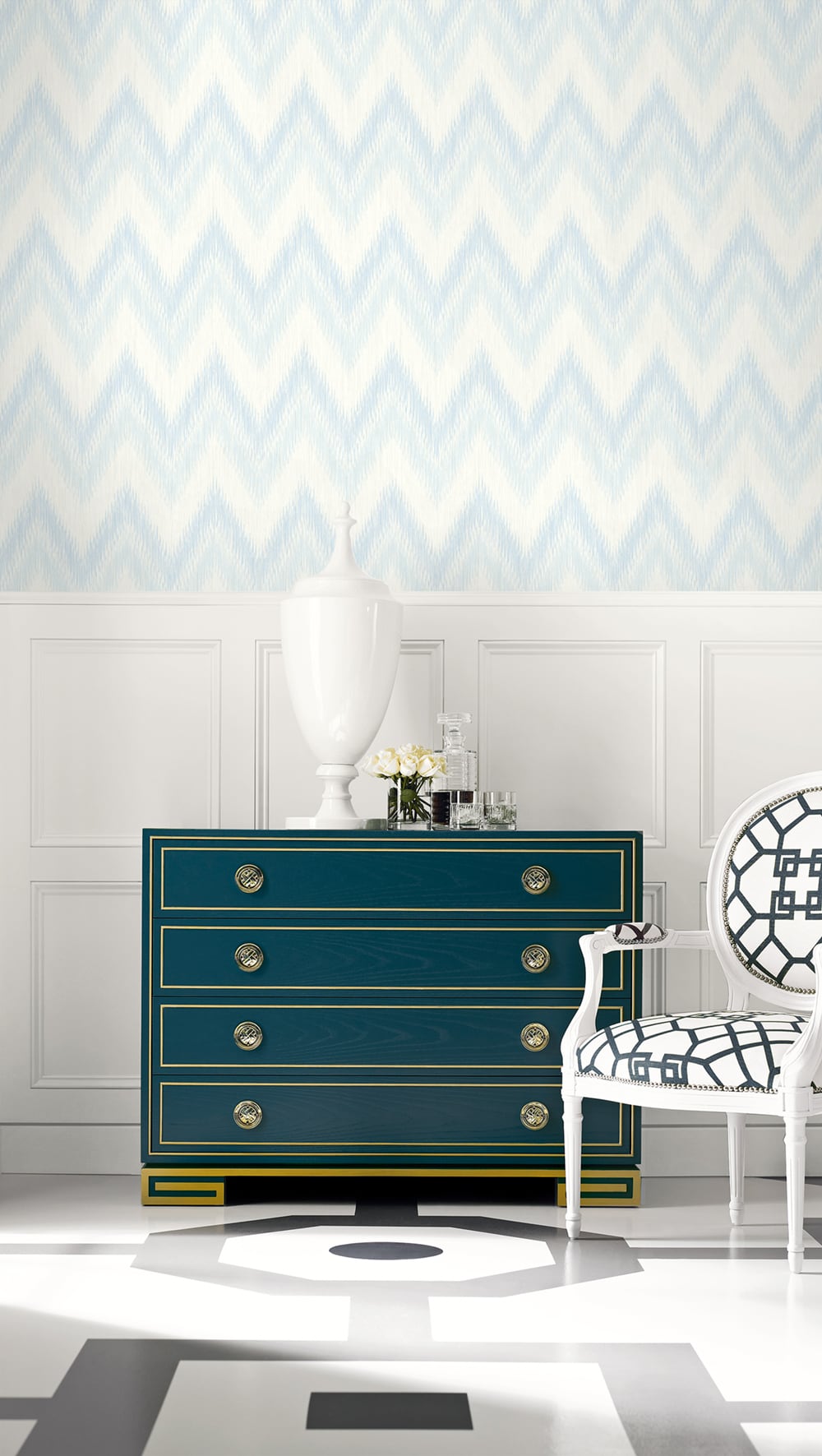 Regent Flamestitch Stringcloth Blue Frost and Eggshell LN11202 by Lillian August Designer Wallpaper