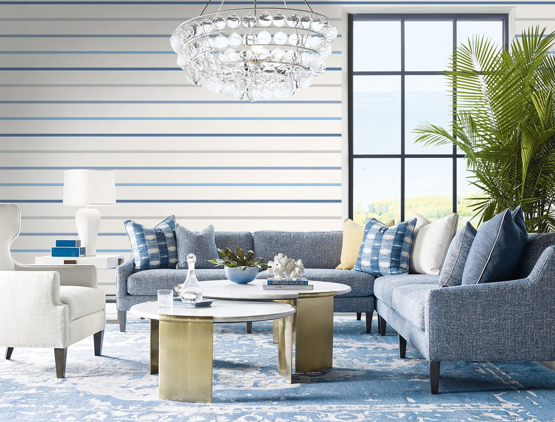 Crew Stripe Air Force Blue, Gray, and Eggshell LN11402 by Lillian August Designer Wallpaper