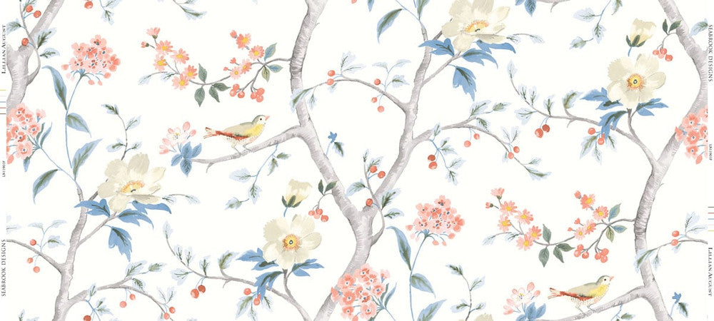 Southport Floral Trail Fabric Eggshell, Melon, and Carolina Blue LN11901F by Lillian August Designer Fabric
