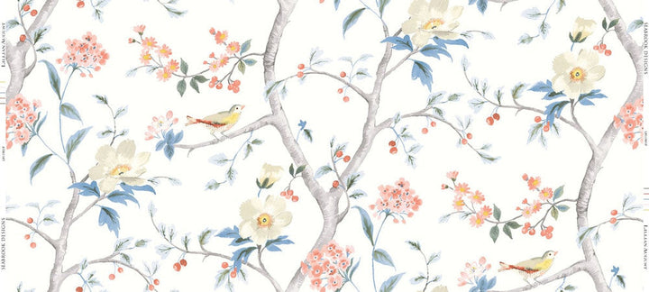 Southport Floral Trail Fabric Eggshell, Melon, and Carolina Blue LN11901F by Lillian August Designer Fabric