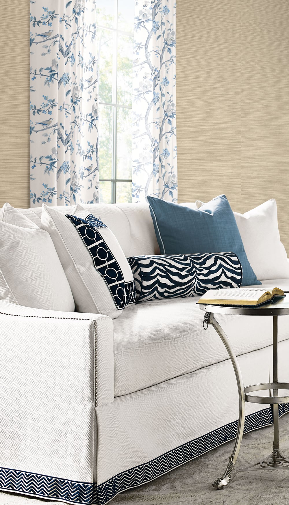 Southport Floral Trail Fabric Eggshell and Blue Shale LN11902F by Lillian August Designer Fabric