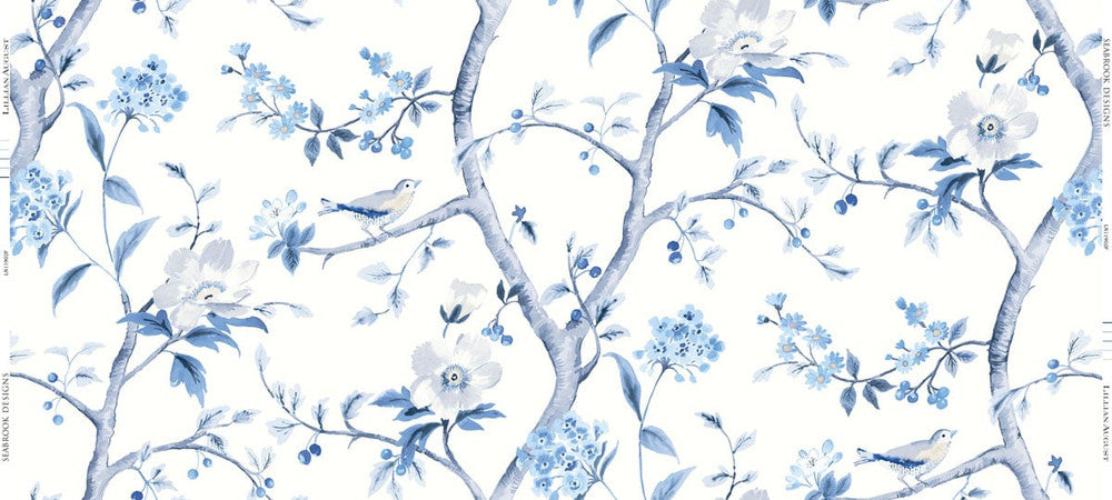 Southport Floral Trail Fabric Eggshell and Blue Shale LN11902F by Lillian August Designer Fabric