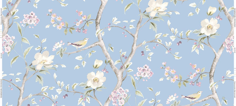 Southport Floral Trail Fabric Sky Blue and Arrowroot LN11912F by Lillian August Designer Fabric