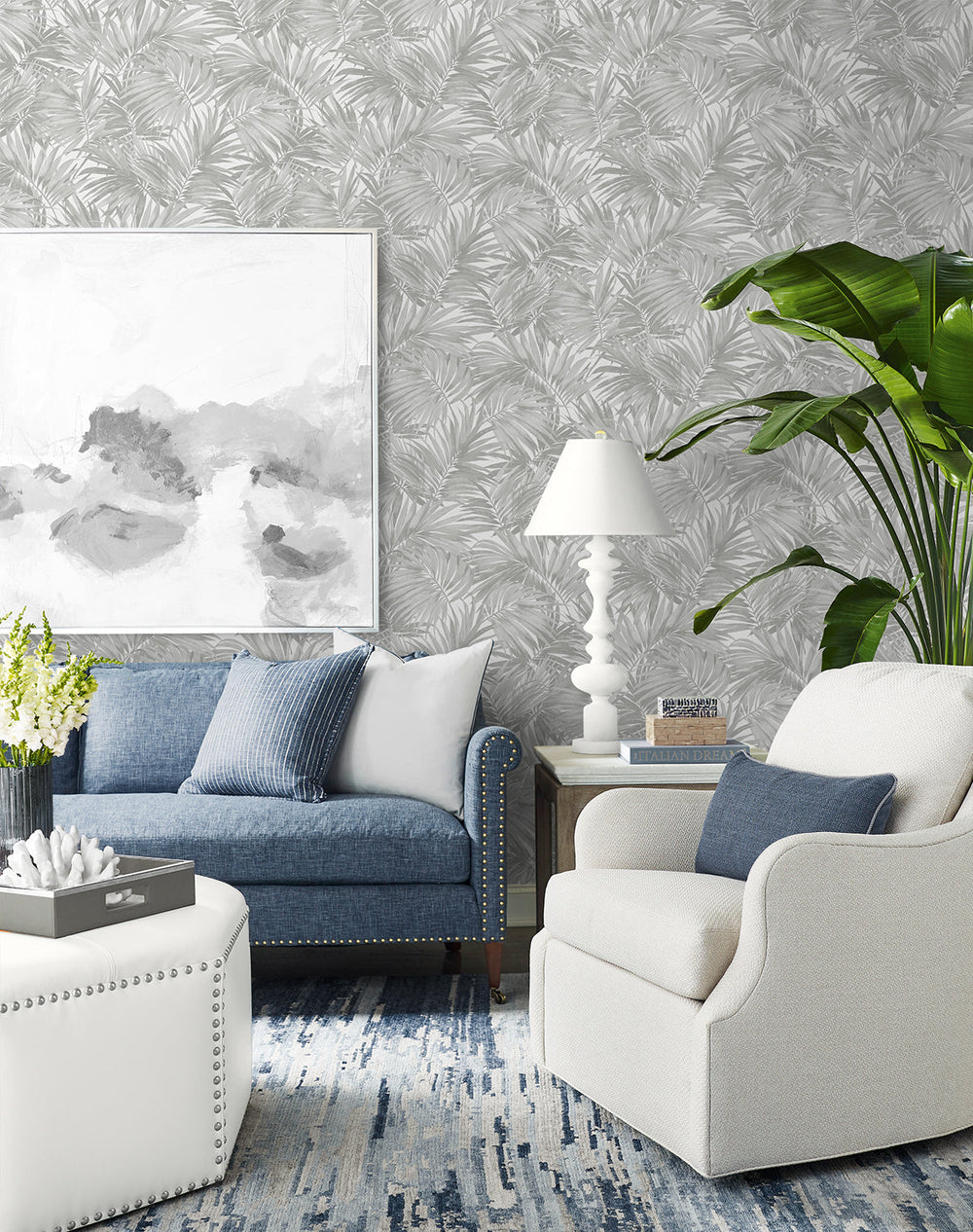 Cordelia Tossed Palms Argos Grey LN40708 by Lillian August Designer Wallpaper