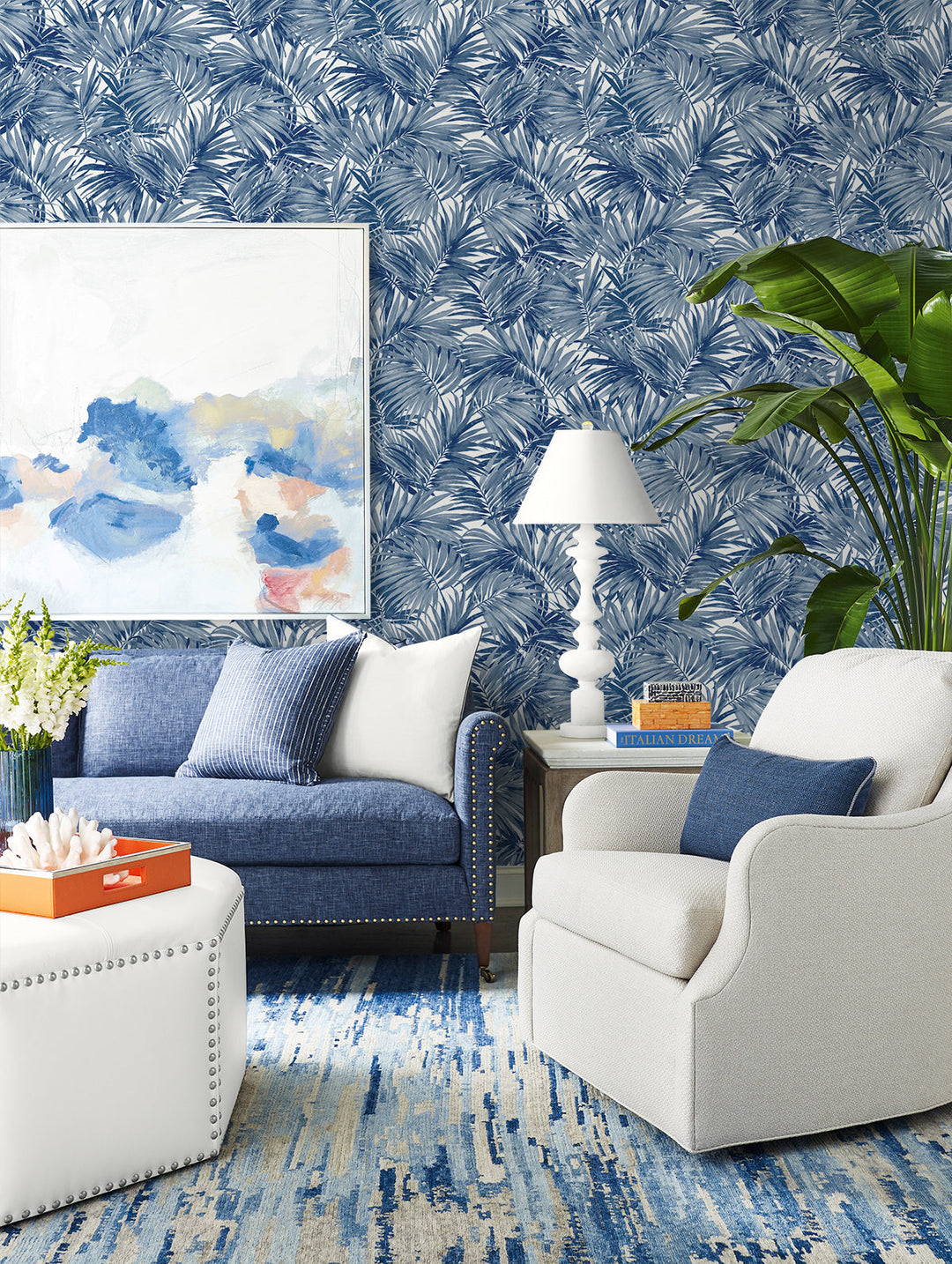Cordelia Tossed Palms Pacific Blue LN40712 by Lillian August Designer Wallpaper