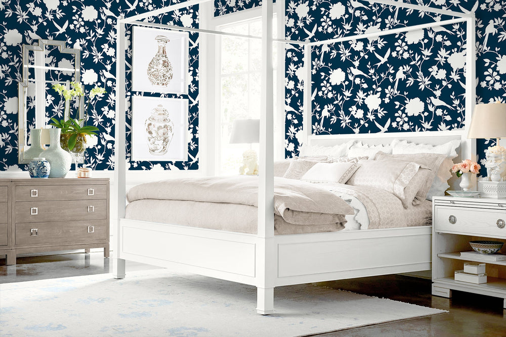 Kauai Bird Toile Denim Blue LN40902 by Lillian August Designer Wallpaper