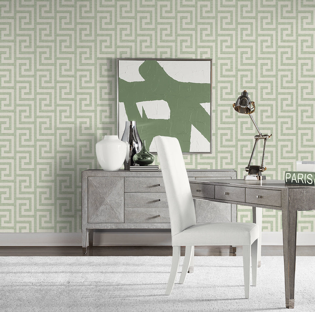 Luna Retreat Greek Key Green Ivy LN41204 by Lillian August Designer Wallpaper