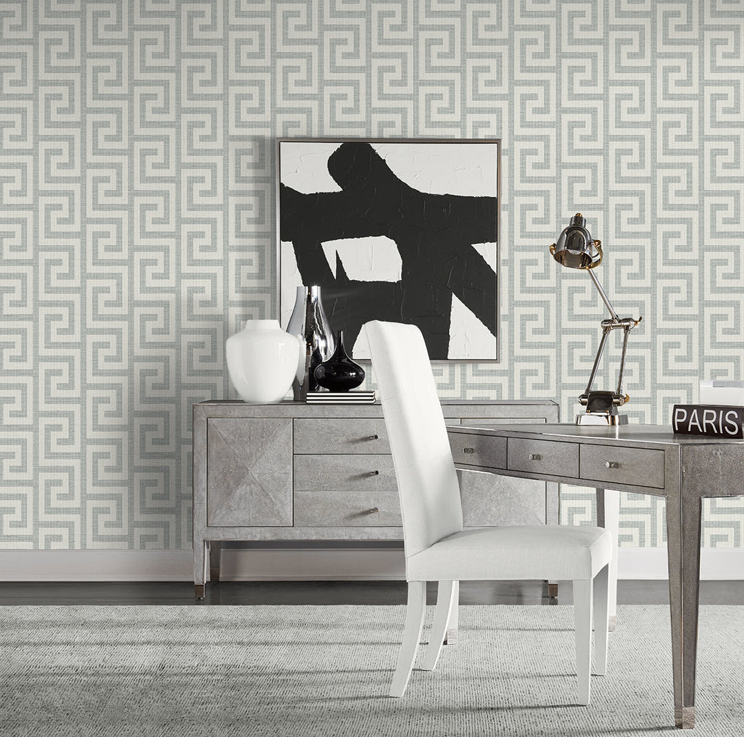 Luna Retreat Greek Key Pewter LN41208 by Lillian August Designer Wallpaper