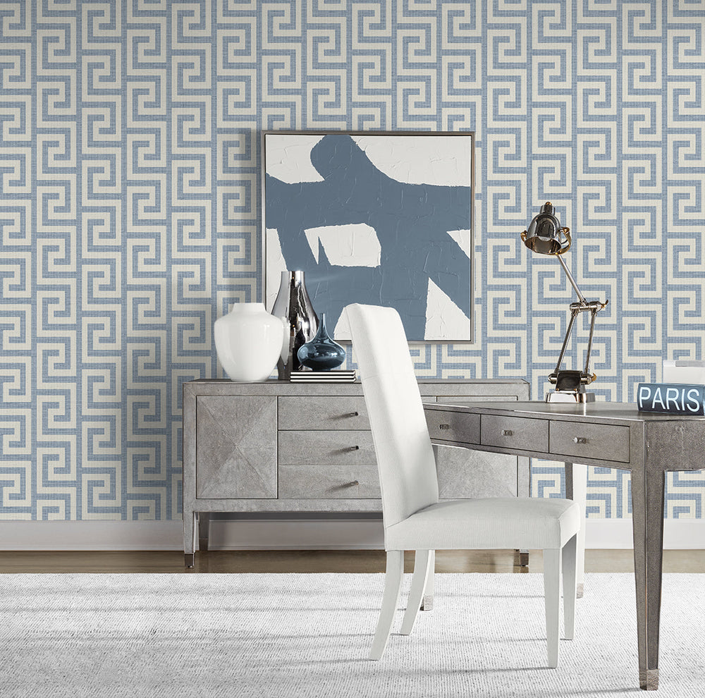 Luna Retreat Greek Key Blue Lake LN41212 by Lillian August Designer Wallpaper