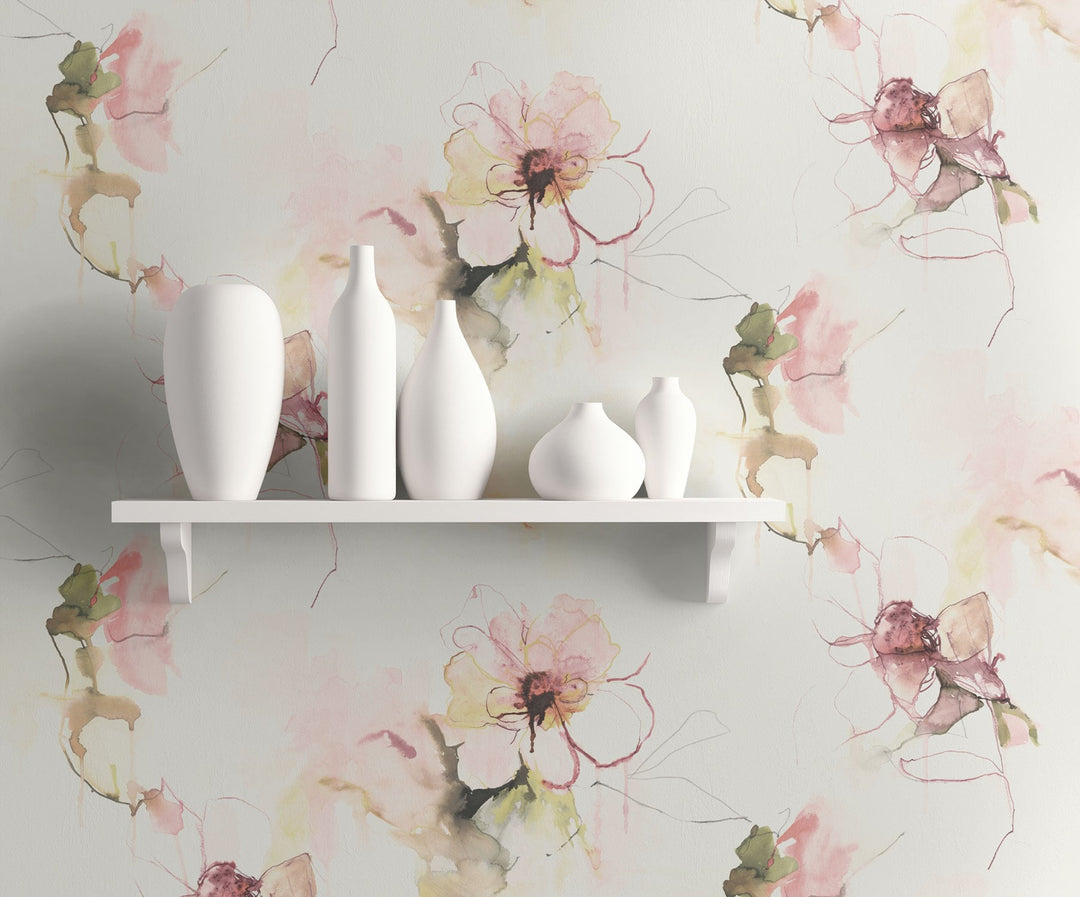 Anemone Watercolor Floral Pink Lemonade and Wine LW50001 by Seabrook Designs Designer Wallpaper